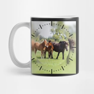 Three horses on pasture looking at camera Mug